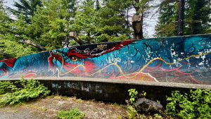 Mural de un dragón firmado por Kerim (2022) sobre el canal de bobsleigh en Trebević, cubierto de musgo y rodeado de bosque.